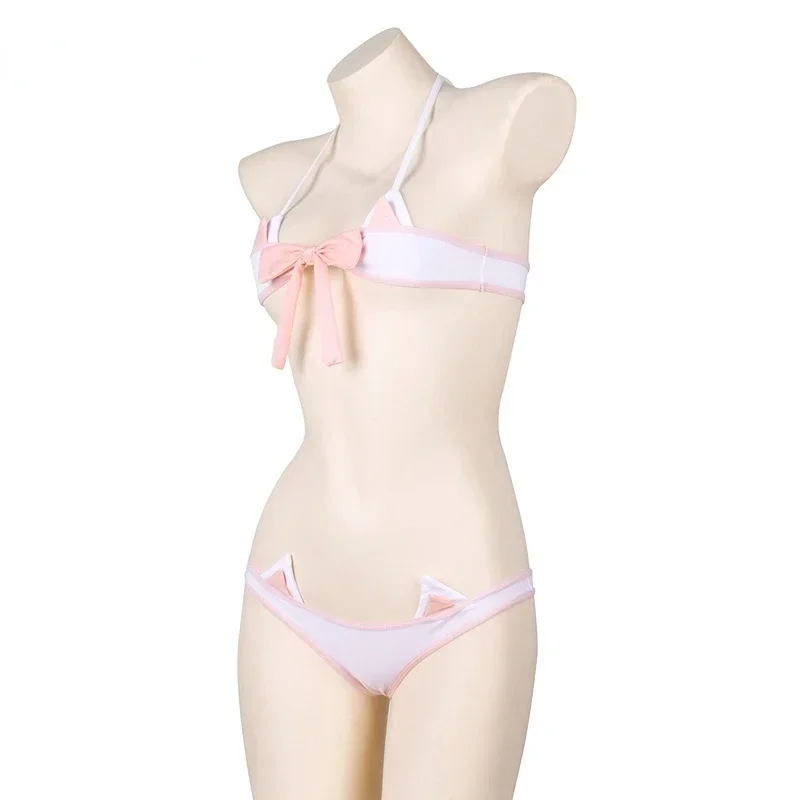 Lolita Anime Pink Bow Mini Bikini Set Bandage Pajamas Kawaii Cat Ears Plaid Underwear Panties Women Sexy Swim Lingerie Gift view 3