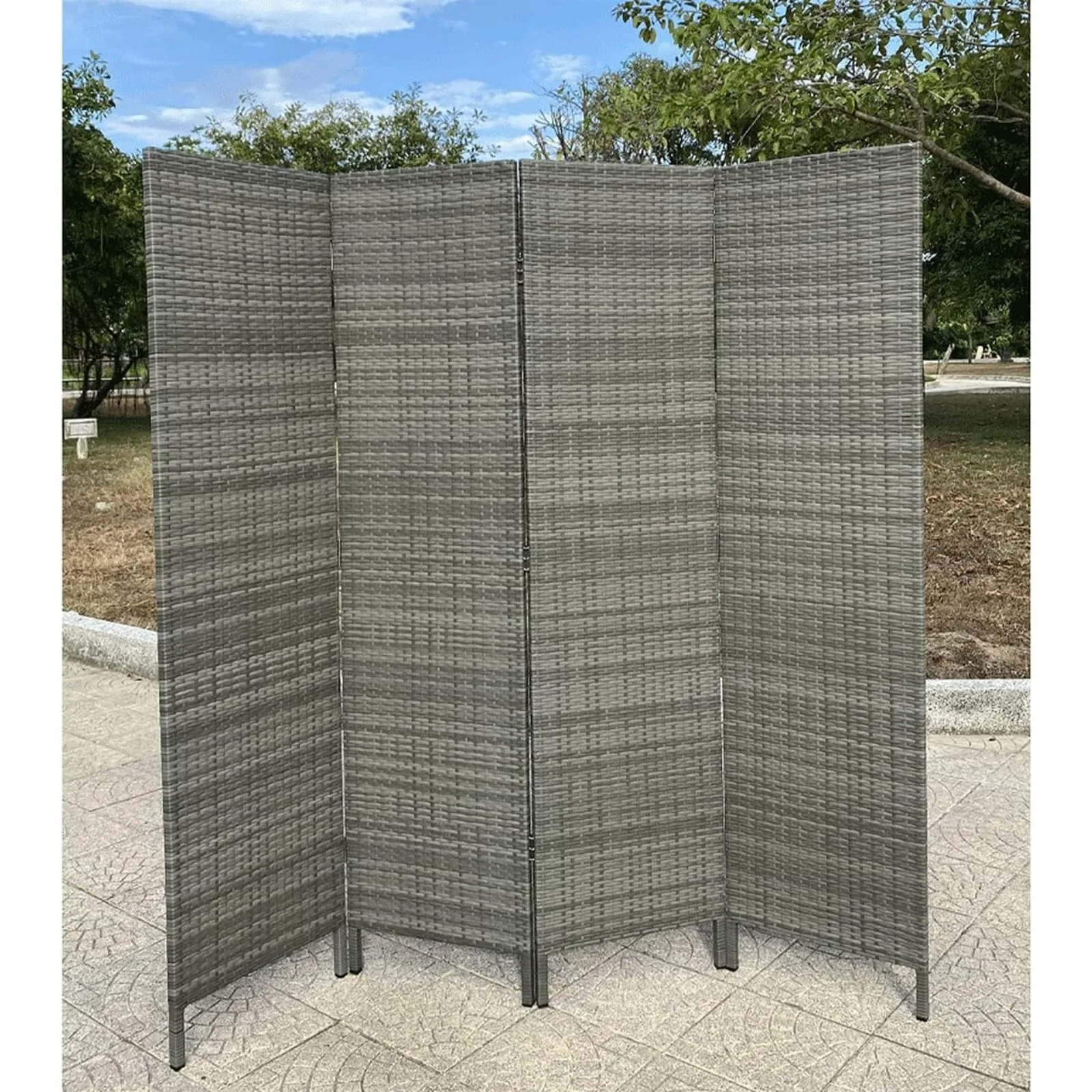 

US 4 Panels Patio Outdoor Privacy Screen Room Divider Partition Grey Resin Wicker Weather Resistant