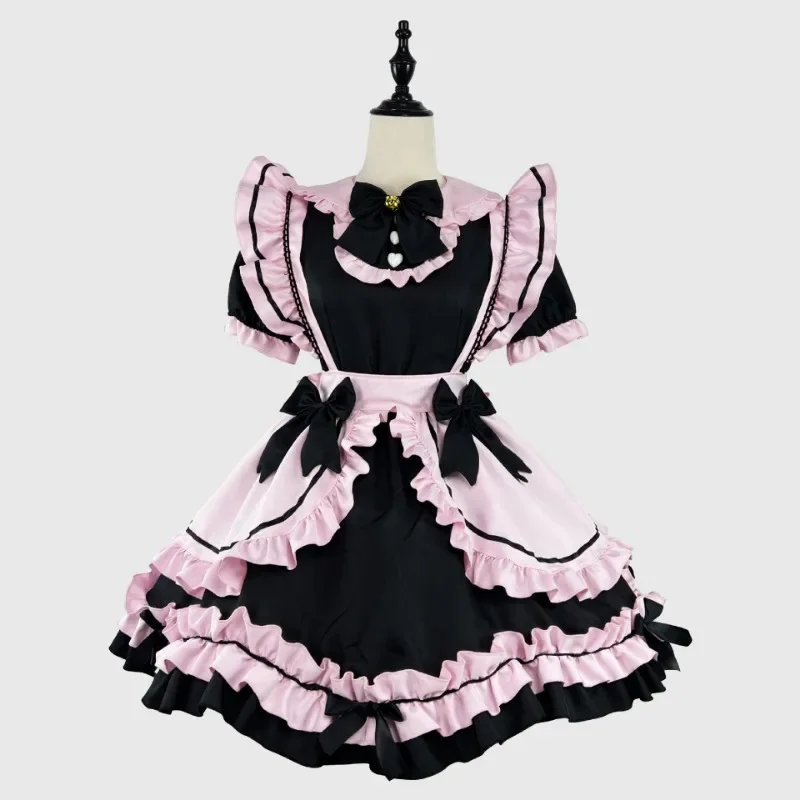 Traje de sirvienta de Lolita japonés, traje de niña dulce, lazo de gato lindo, traje de niña suave, traje de Halloween, negro y rosa, nuevo estilo