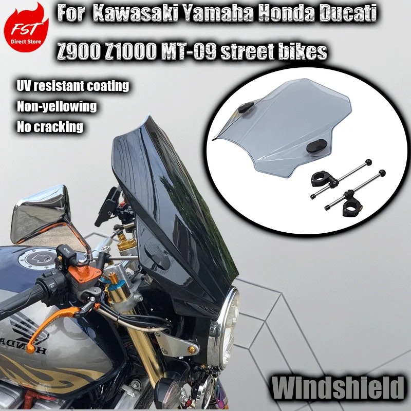 

For Universal Street Motorcycle Windshield for Kawasaki Yamaha Honda Ducati Z900/Z1000 MT-09 Custom Fit Windscreen