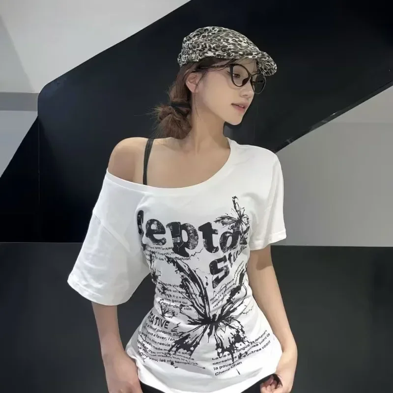 تيشيرتات نسائية قطنية Y2k قطع علوية 2025 Ropa Mujer فضفاضة صيفية Camisetas مكشوفة الأكتاف على شكل فراشة تي شيرت غير رسمي أنيق مثير