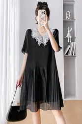 2024 Summer Maternity Chiffon Dress Sweet Lace Beading Collar Short Sleeve Pregnant Woman Pleated Dress Short Lady Elegant Dress