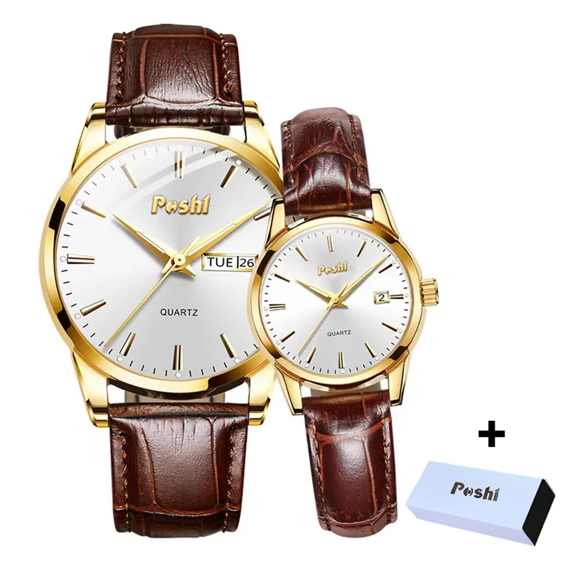 POSHI Couple Watch Luxury Fashion Quartz Wrsitwatch Leather Strap Date Week Display Lover's Clock Best Gift With Box
