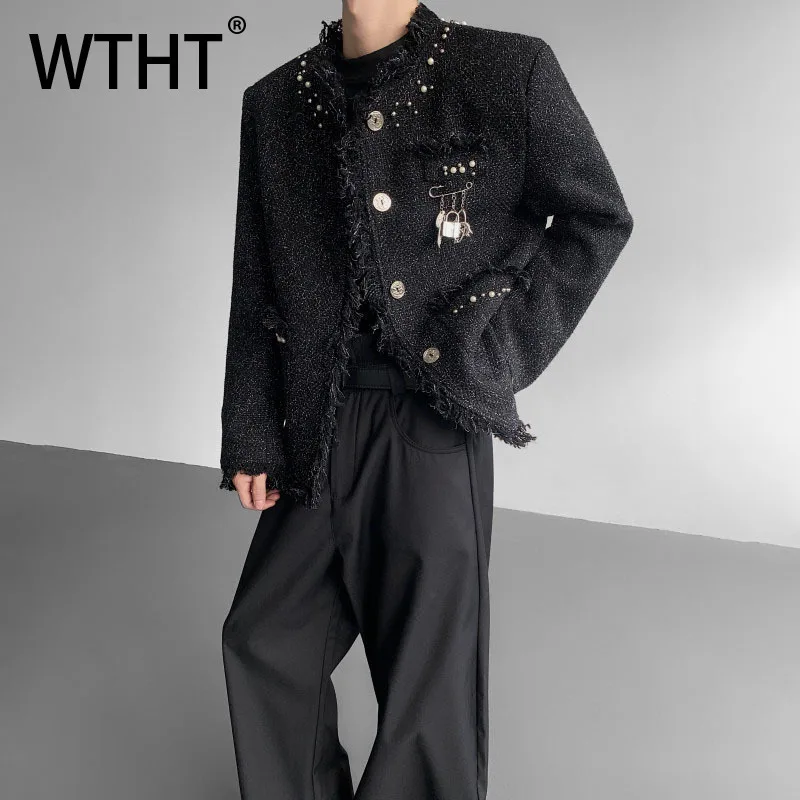 

WTHT модные мужские пальто с металлическими бусинами, модные осенние однобортные куртки с круглым воротником 2023, мужские 2A2043