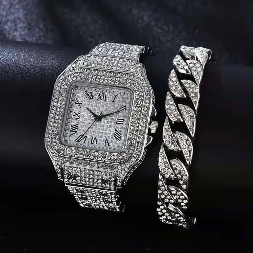 Luxury Hip Hop Iced Out Golden Bracelet Watches Jewelry Sets  For Men WomenQuartz Square Relogio Masculino Groomsmen