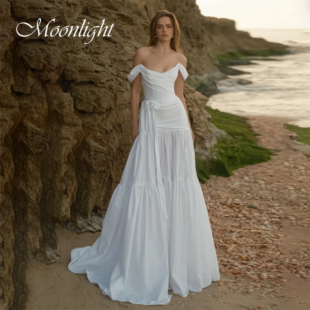 

Modern Pleat A-Line Wedding Dress Women 2026 Boat-Neck Off The Shoulder Open Back Bridal Gown Vestidos De Novia Customized