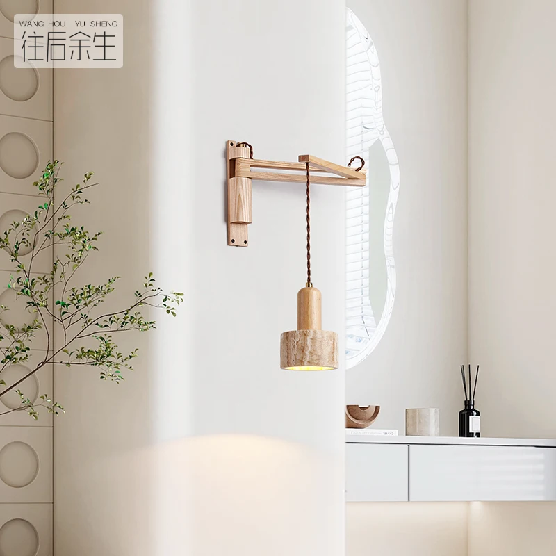 Japanese Wood Retractable And Foldable Wall Lamp For Bedroom Nordic Cream Rocker Arm Sconce Lamp With Stone Lampshade E27 Bulb