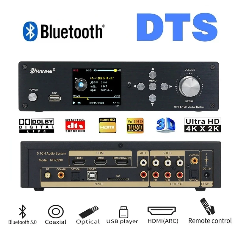 DTS Digital 5.1 Decoder Digital to Analog Audio Converter HDMI2.0 Switch SPDIF Coaxial Bluetooth5.0 ARC PC-USB Drive Input