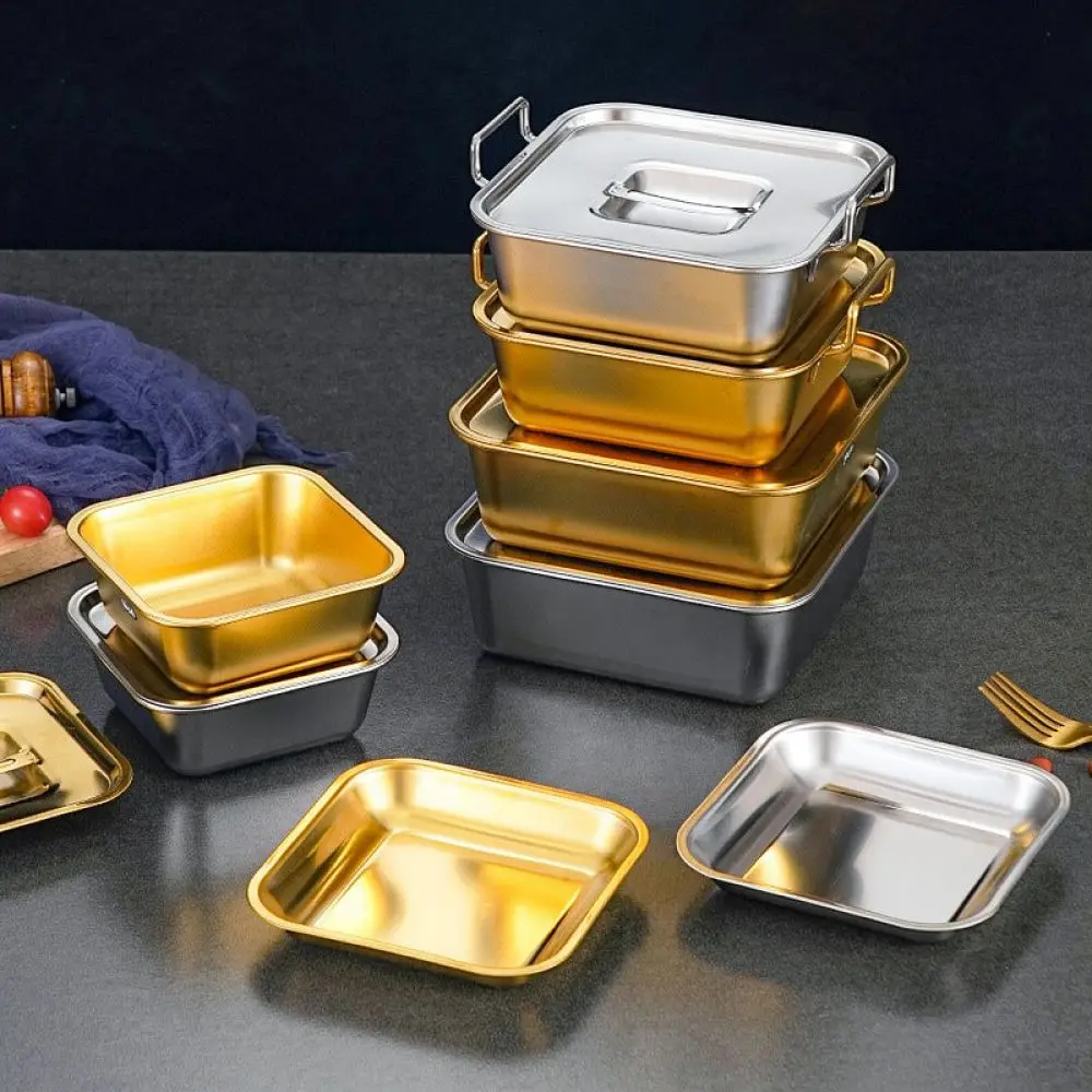 Durable Stainless Steel Square Serving Plate Gold Metal Tray With Cover Ergonomic Handles For French Fries Dessert Display