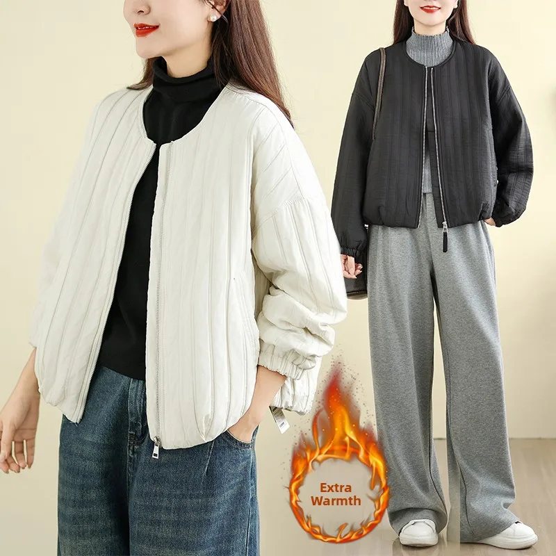 

Thiened Faion Outerwear Women's Retro Quilted Cotton Zipper Warm ort Pure Color Cotton Clothes Commute Sle Winter Coat