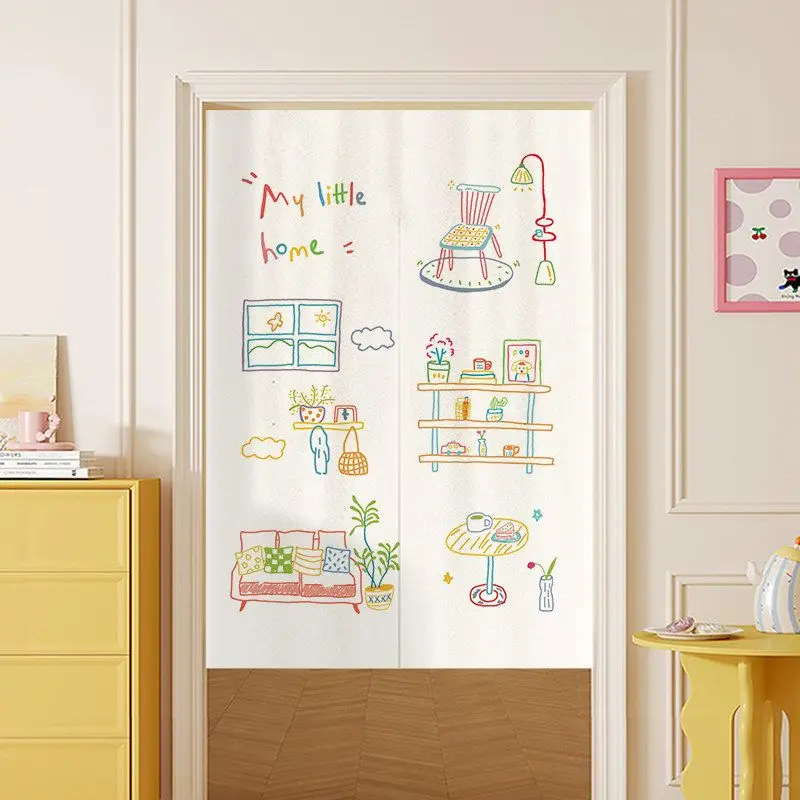 VIKAMA Japanese Color Hand Drawn House Print Noren Doorway Curtain Room Divider Tapestry for Bedroom Entryway Sweet Home Decor