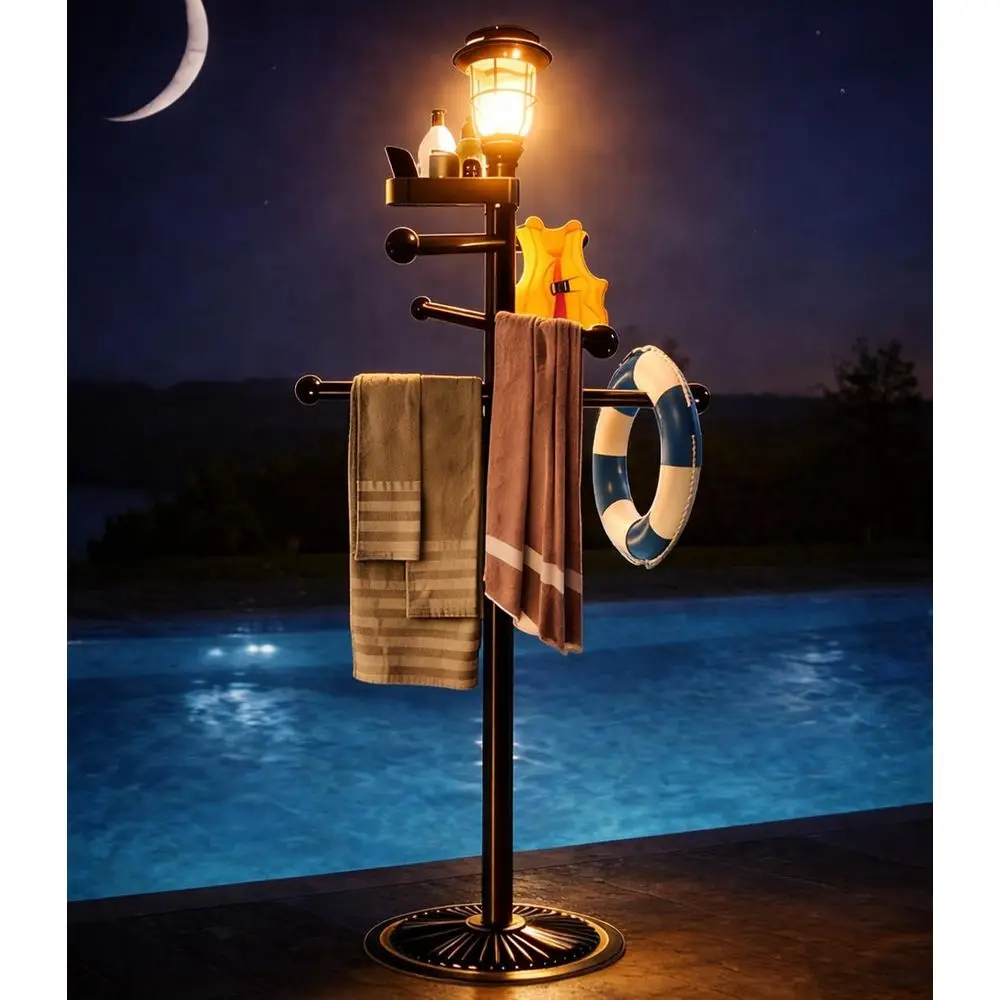 

Outdoor Heavy-Duty Metal Pool Towel Rack with 6 Bars, Top Tray, and Light for Pool and Hot Tub Accessories