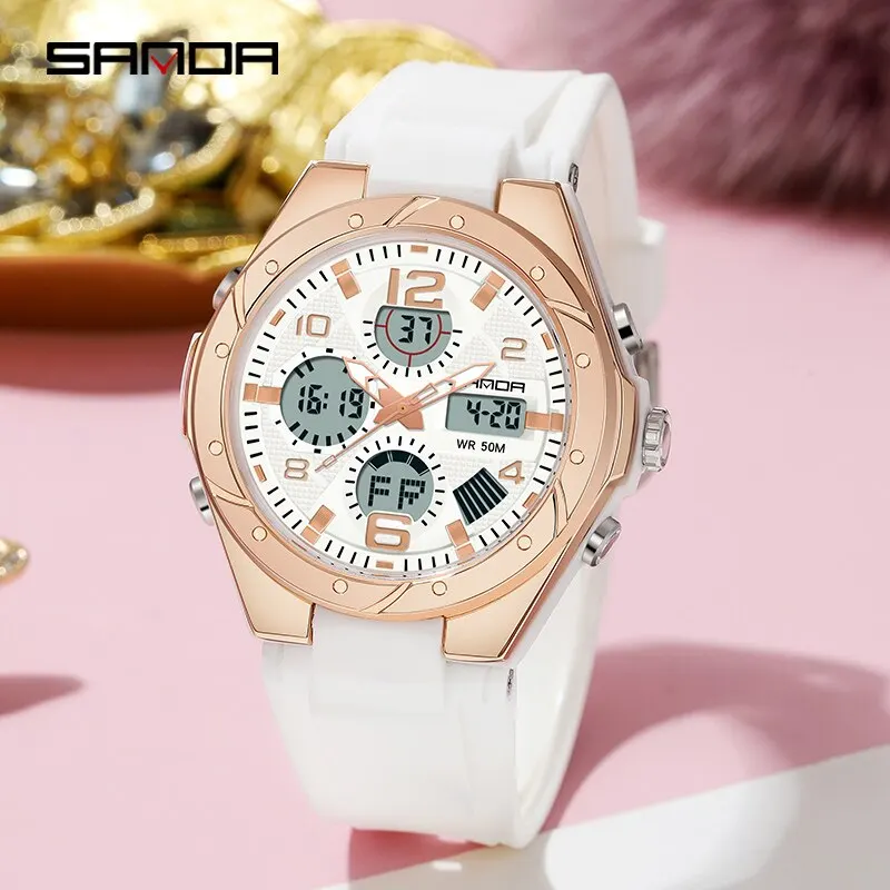 SANDA Luxury Ladies LED Digital Sport Watch Fashion Casual Gold Wrist Watch Women Girl Military Waterproof Quartz Wristwatches