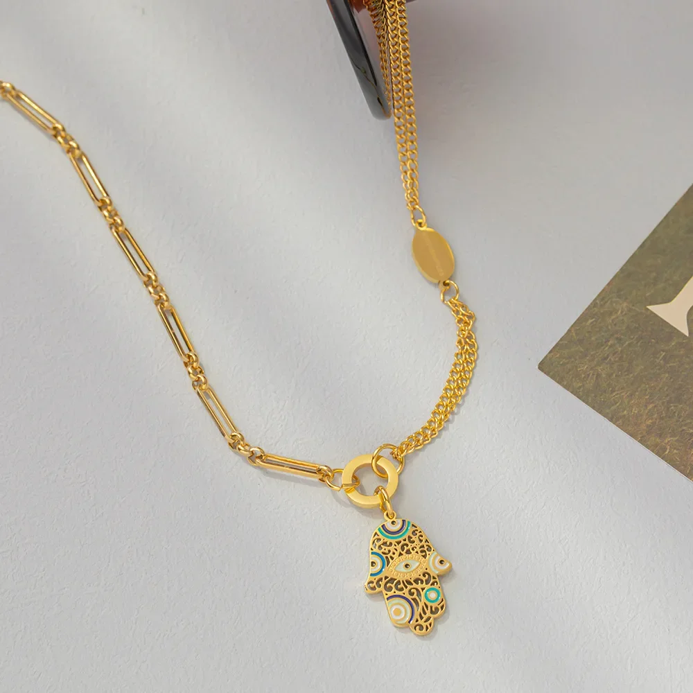 قلادة يد فاطمة عين الشر للنساء ، سلاسل ترقوة من الفولاذ المقاوم للصدأ ، مجوهرات تميمة تركية عتيقة ، لون ذهبي
