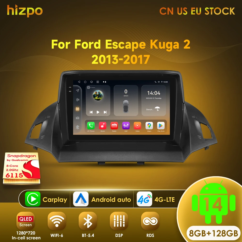 Hizpo Car Radio 2 Din Multimedia Player For Ford Kuga 2 Escape 2013-2017 9\'\' Android Auto Stereo GPS Navigation DSP RDS AI Voice