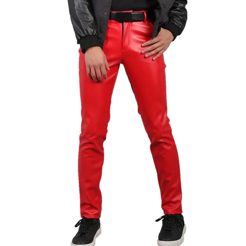 Red Men Moto Skinny Elastic Faux Leather Pants, Black Gold White Thin PU Trousers, Brand Men Clothing, Asian Size 28-40