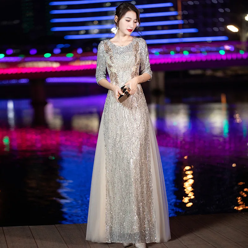Vestido de fiesta Cheongsam de media manga con lentejuelas, cuello plisado, elegante, con cremallera, color champán