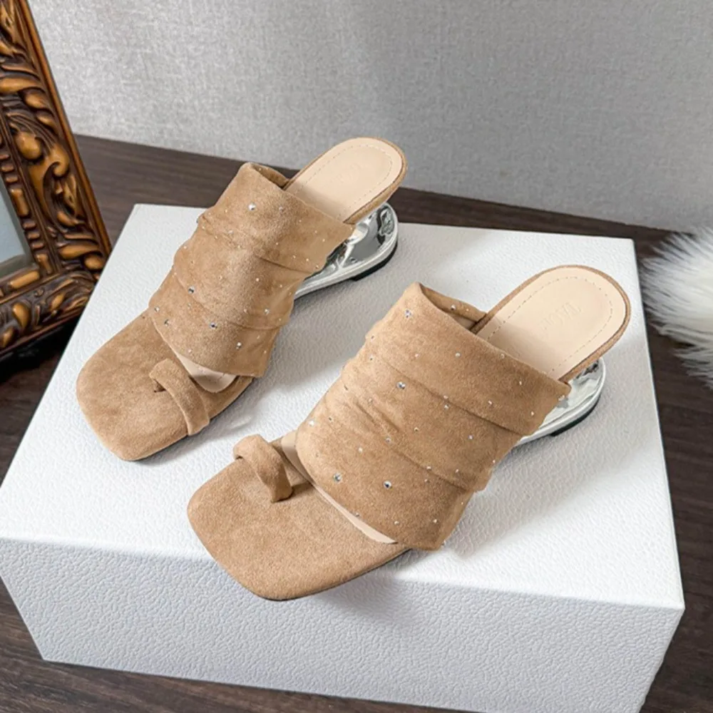 

Women's Luxury Slippers Height Increase 6cm Set Toe High Heel Sandals Women's Retro Pleated Special Shaped Heel Slippers Women