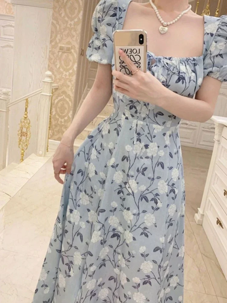 Short Sleeve Dresses A-line Chiffon Midi Floral Print Gentle Elegant Defined Waist Empire Spring Summer Vestidos Female Chic Ins