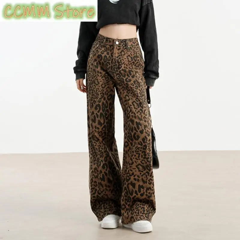

Уличная одежда, леопардовые джинсы, женские свободные винтажные прямые широкие джинсы, женские длинные джинсы с высокой талией, женские весенне-осенние