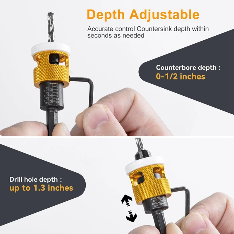 5 Pcs Countersink Drill Bit Set: Replaceable HSS M2 Tapered Bits - 82° Counter Bore With Adjustable Depth Stop