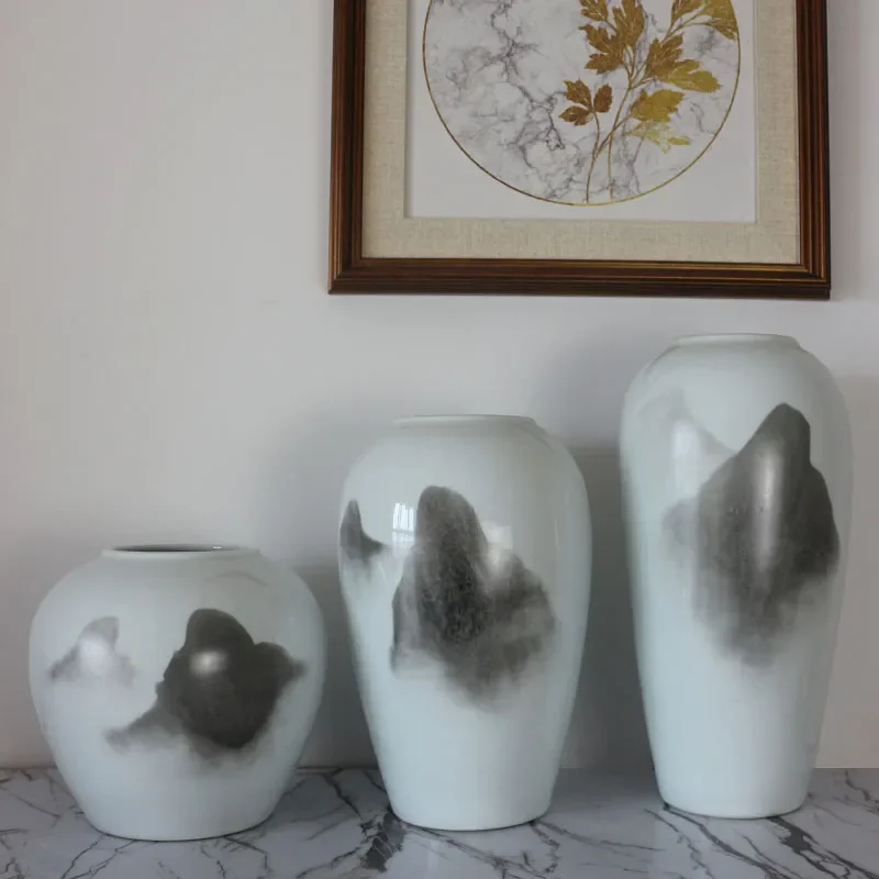 for Jingdezhen Vase Ceramic Ornament Three-piece Set White Chinese Ink Landscape Painting New Chinese Ceramic Crafts