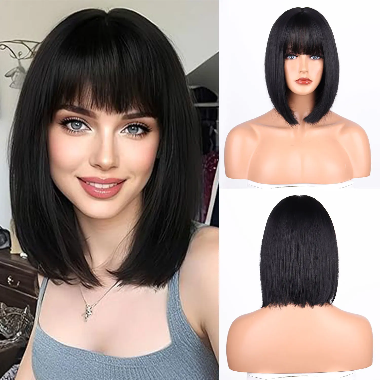 

Temperament Qi Bangs Clavicle Hair Wig Bobo Head Elastic Mesh Headgear Wig Short Wig Headgear