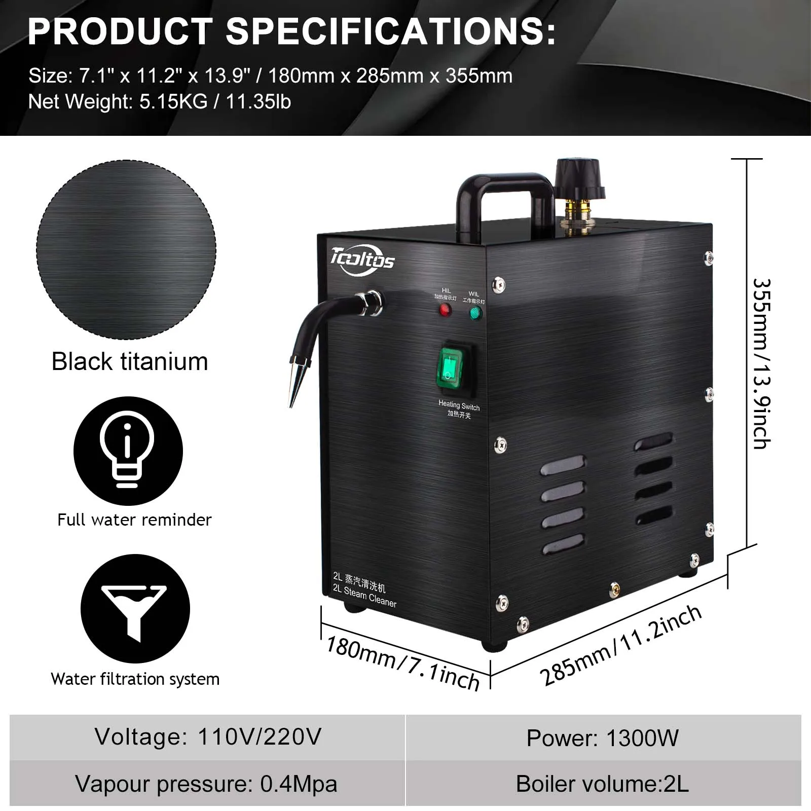 Black 1300W Jewelry Steam Cleaner 2L  - High-Pressure Stainless Steel Steamer with Fine Mesh Strainer for Silver, Gold, Diamonds