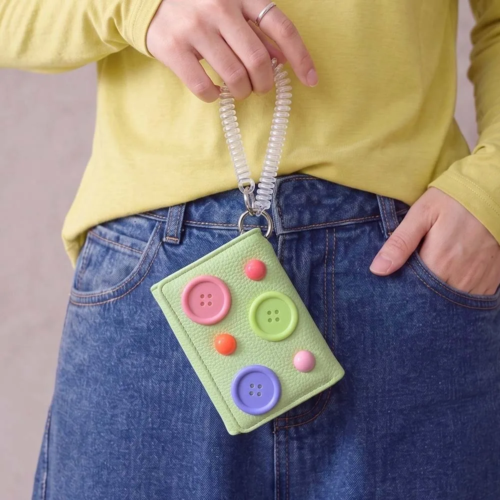 Large Capacity Dopamine Color Wallet Anti Lost Spiral Strap Button Mini Purse Snap Closure Smooth Texture Tri-fold Card Holder