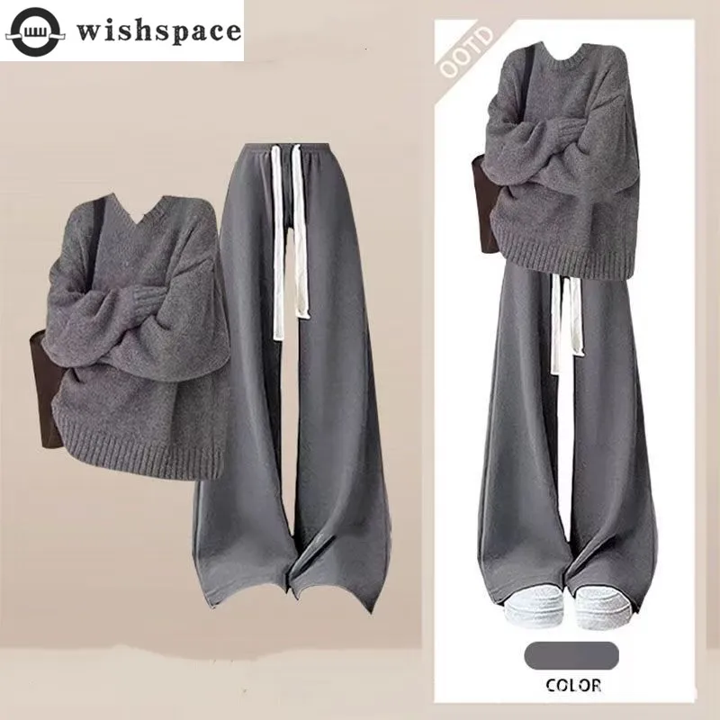 

Autumn and Winter Knitted Suit Women's High-end Gray Round Neck Sweater Casual Loose Wide Leg Pants Two-piece Set