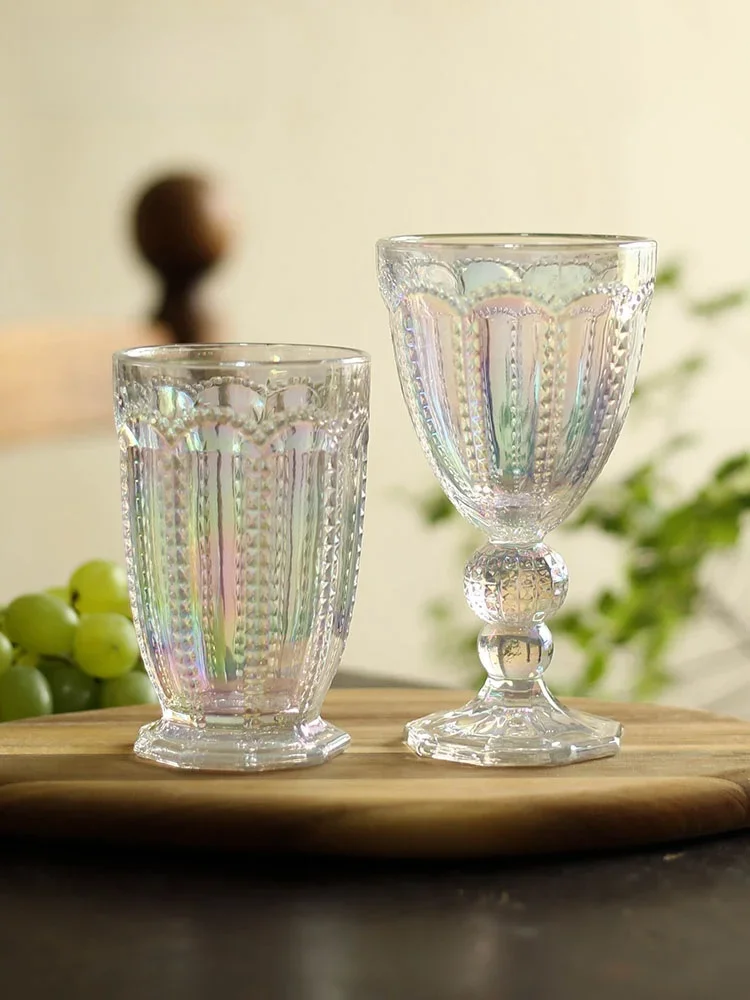 Original Human Blooming Embossed High Footed Water Glass Cup Vintage Style Home Use Fruit Juice Cup Eightangular  Glass