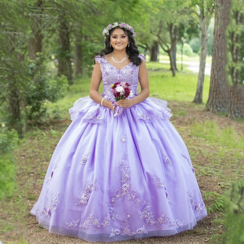 Princesa lavanda fora do ombro vestido de baile, vestido sexy quinceanera com decote em V para meninas, flores 3D frisadas, vestidos de baile