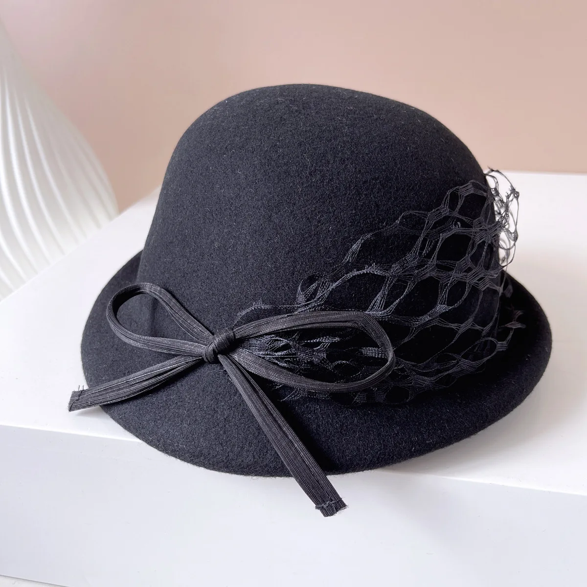 Australian wool lace top hat French vintage beret Fashion elegant silk hemp bow felt hat women\'s party accessories