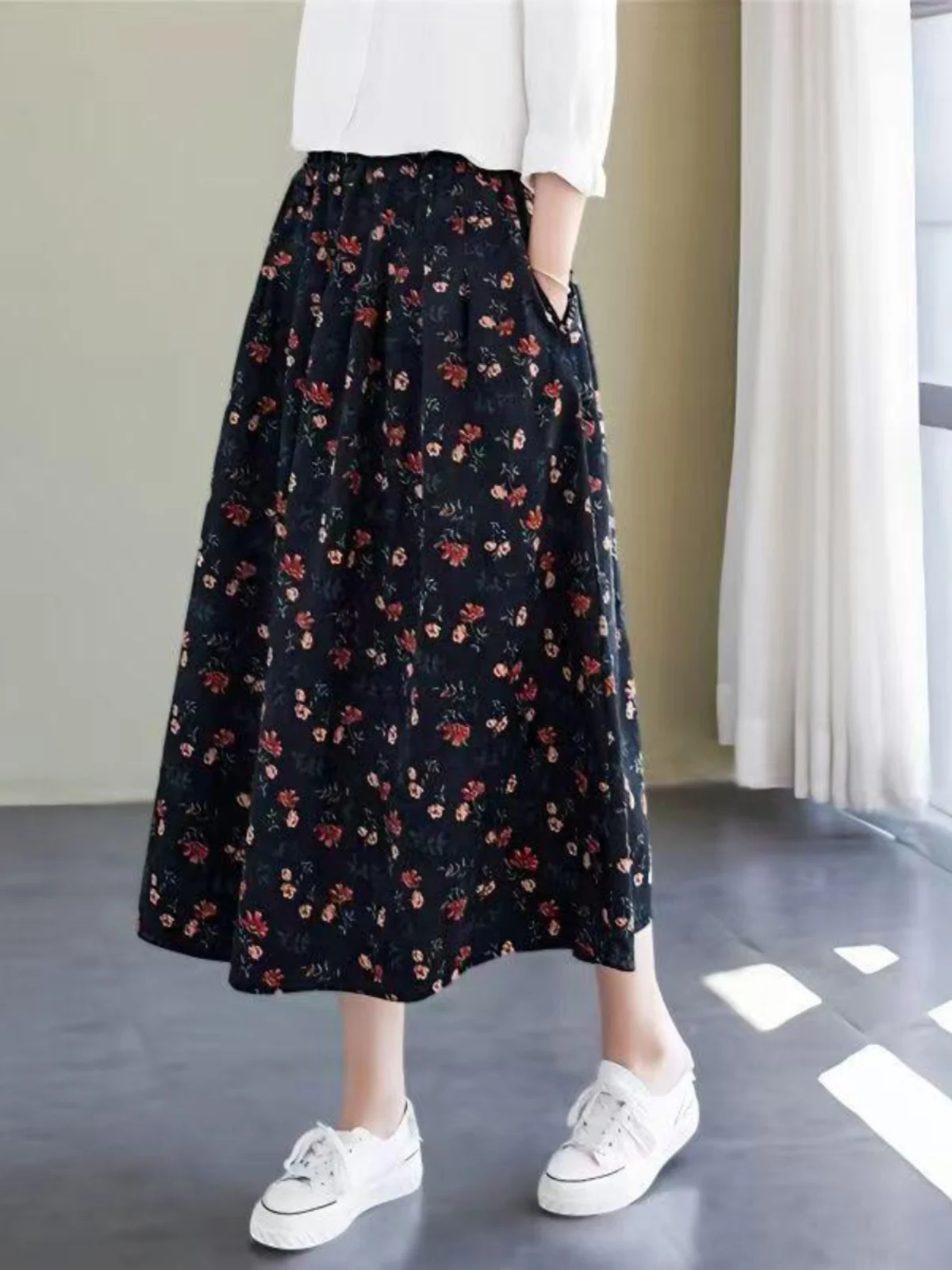 

plus Size Floral Print High Waist A-Line Midi Skirt Women's Summer New Sle Umbrella Skirt Wide Hemline Casual Cotton Blend