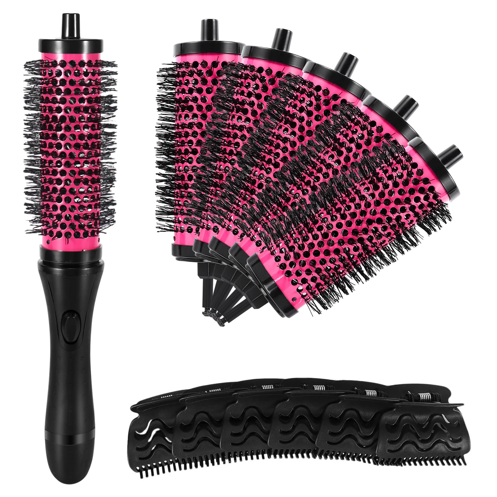 6pcs/set 3 Sizes Detachable Handle Hair Roller Brush with Positioning Clips Aluminum Ceramic Barrel Curler Comb Hairdresser