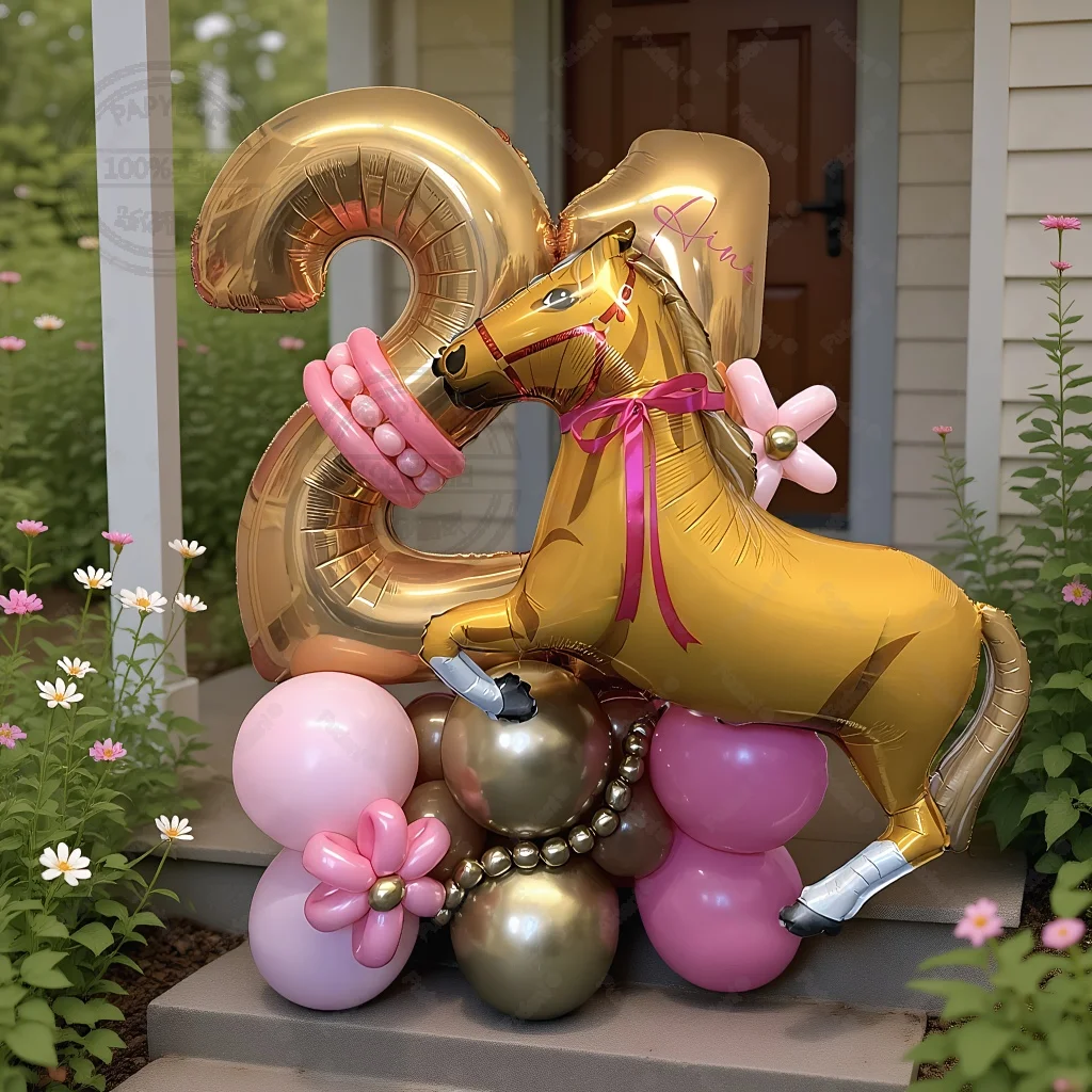 29pcs Large Racing Horse Themed Balloon Set with 40inch 1-9 Platinum Number Balloon for Kids Birthday Western Cowboy Party Suppl