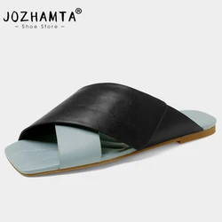 JOZHAMTA Size 33-40 Women Slippers Real Leather Flats Heel Summer Shoes For Women 2023 Casual Home House Sandals Outdoor Slides