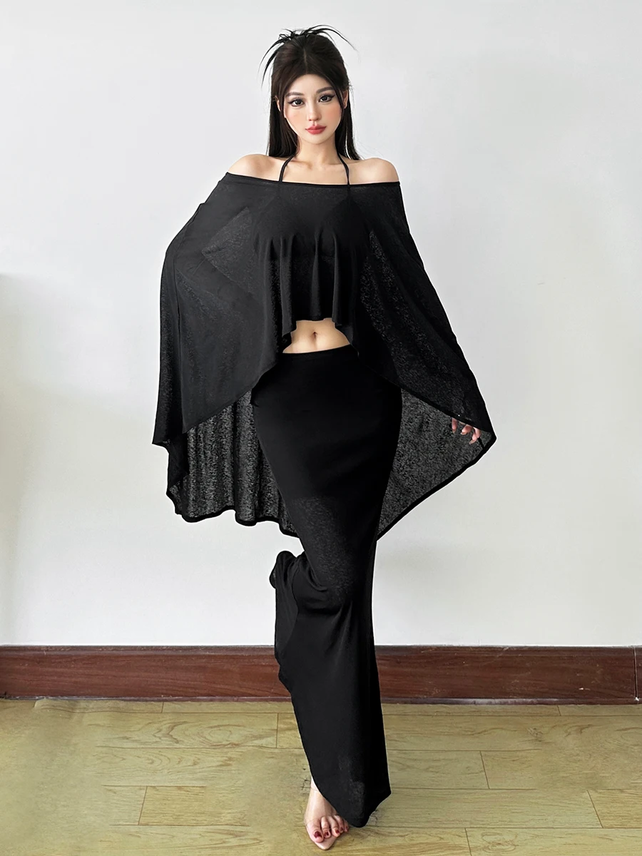 Weird Puss Ensemble Faion pour femme Taille haute Slim Fit Gilet Ne Hanging oulder Baring Top et jupe Tee Piece Automne Casual...