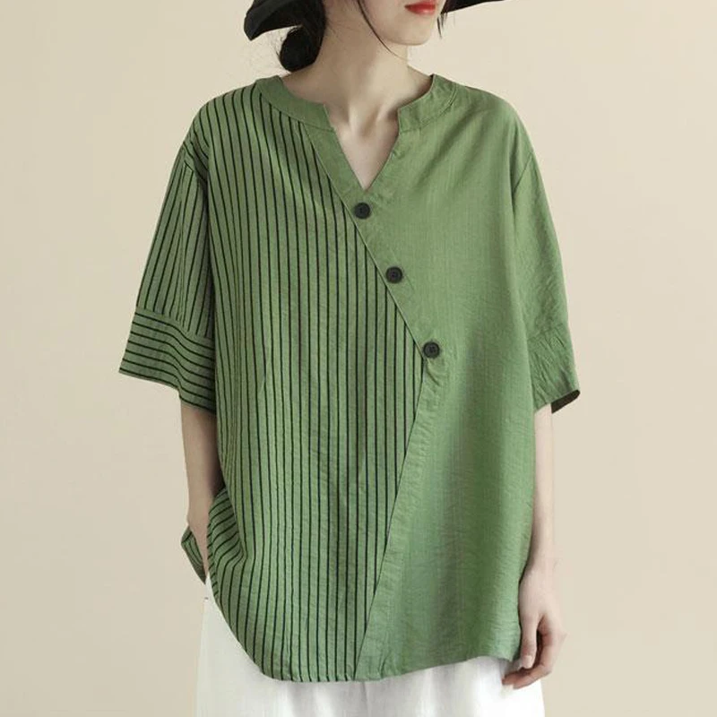 Women Striped Patchwork Streetwear Oversized Asymmetrical Shirts Summer Trendy V Neck Short Sleeve Blouse Casual Linen Tops Ropa