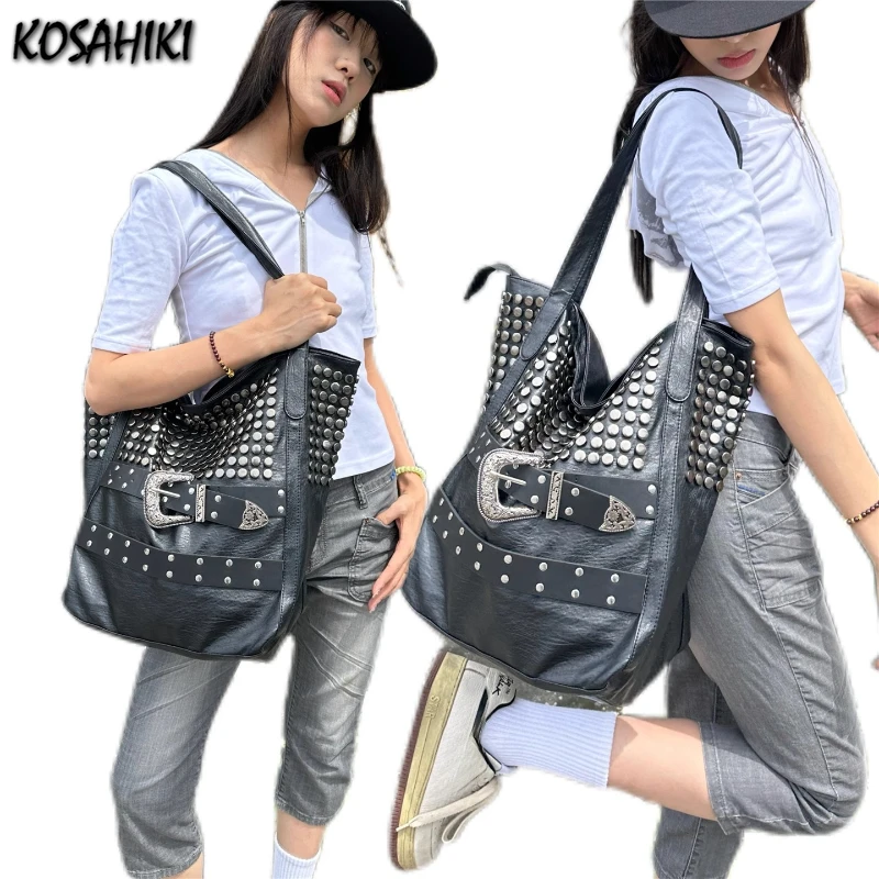 

High-capacity Punk Gothic Rivet Shoulder Handbags Vintage Harajuku Grunge Underarm Bag Pu Leather Casual Tote Bags Y2k Aesthetic