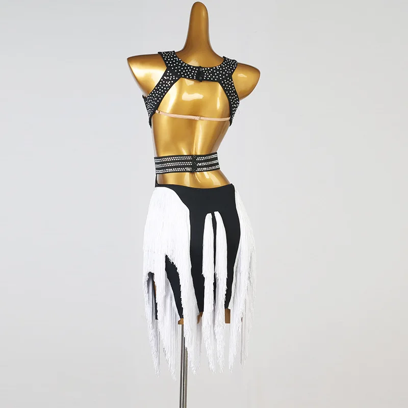 Latin Dance Performance Competition Dress Fringed Three-step Square Dance Dress Black and White L186