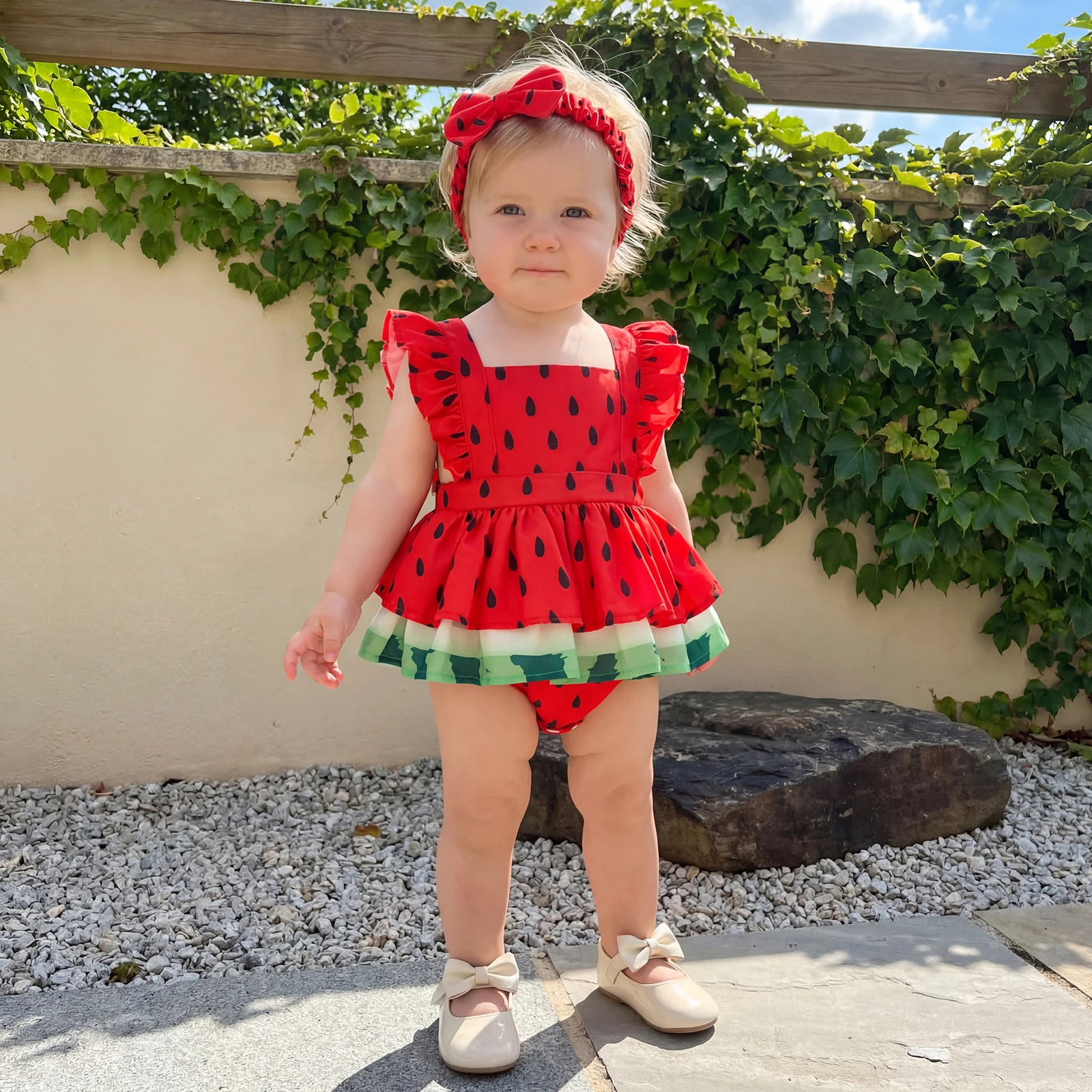 Cute Newborn Girl Bodysuits Outfit Watermelon Print Fly Sleeve Romper with Bowknot Hairband Summer Girls Clothes
