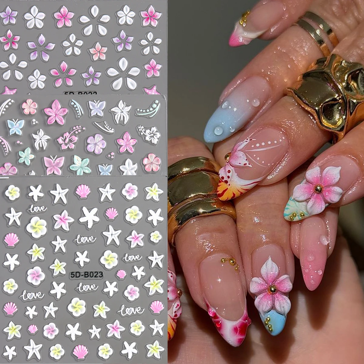 5D Embossed Nail Art Stickers Featuring Ocean Life, Pink Hibiscus Flowers. Perfect for Summer-Themed Nail Supplies for Women
