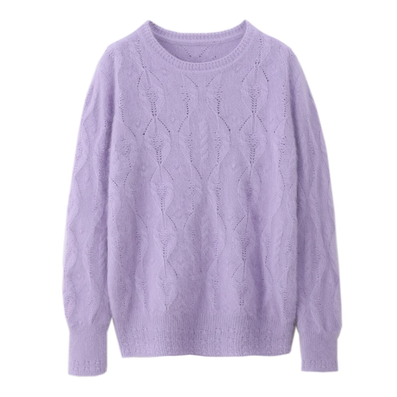 세련된 오 넥 할로우 아웃 스웨터 여성용 풀오버 기본 부드럽고 따뜻한 100% 밍크 캐시미어 퓨어 컬러 캐주얼 루즈 가을 겨울상의