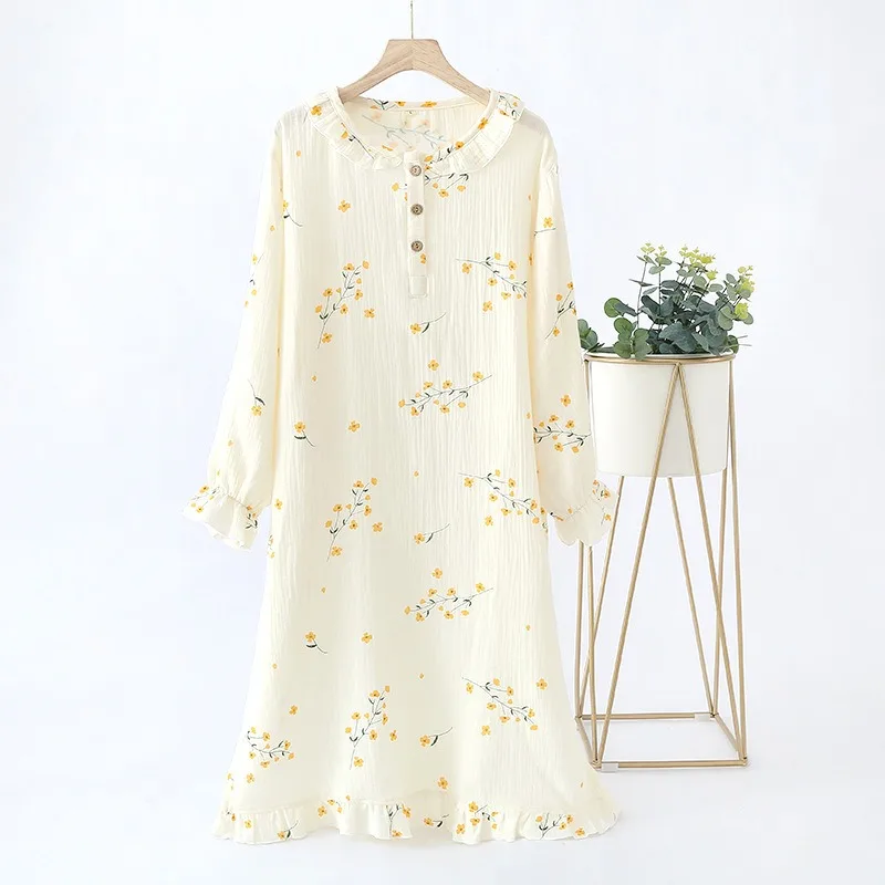 New Spring Summer Long Sleeve Nightdress Women Lace Floral Printed Nightgown Japanese Style Thin Bathrobe Pajamas Nightwear