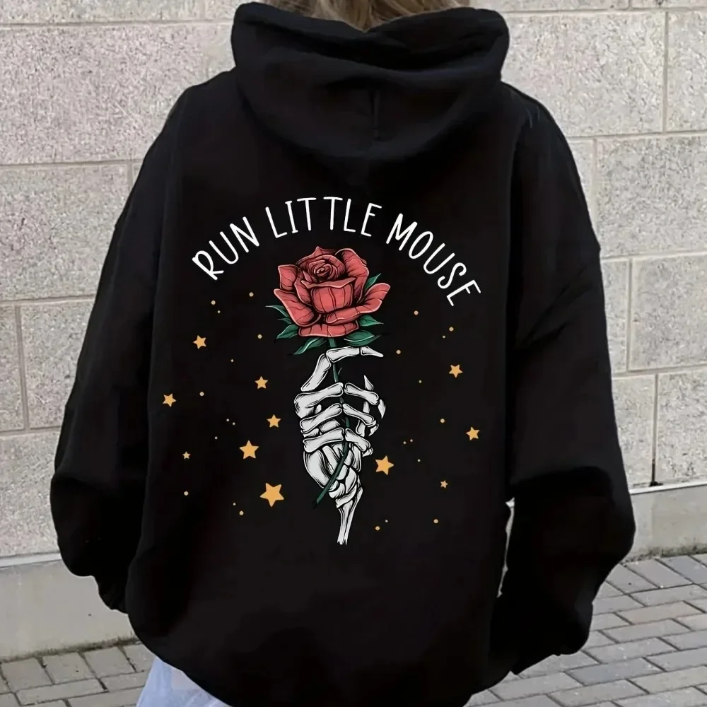 

2025 Skeleton hand and Rose Graphic Print Hoodie Casual Hooded Sweatshirt For Winter Fall Women's Plus Size XS-3XL Clothing