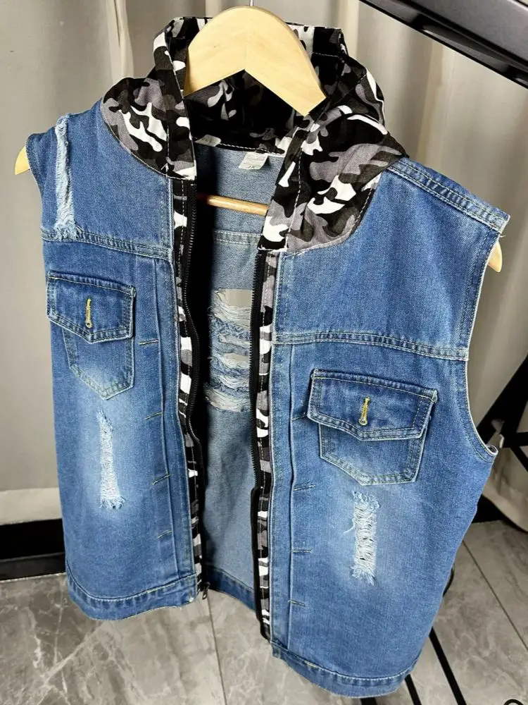 Streetwear Versatile Mens Hooded Long Sleeves Denim Jacket Fashion Solid Color Zipper Male Single-Breasted Pockets Outerwear