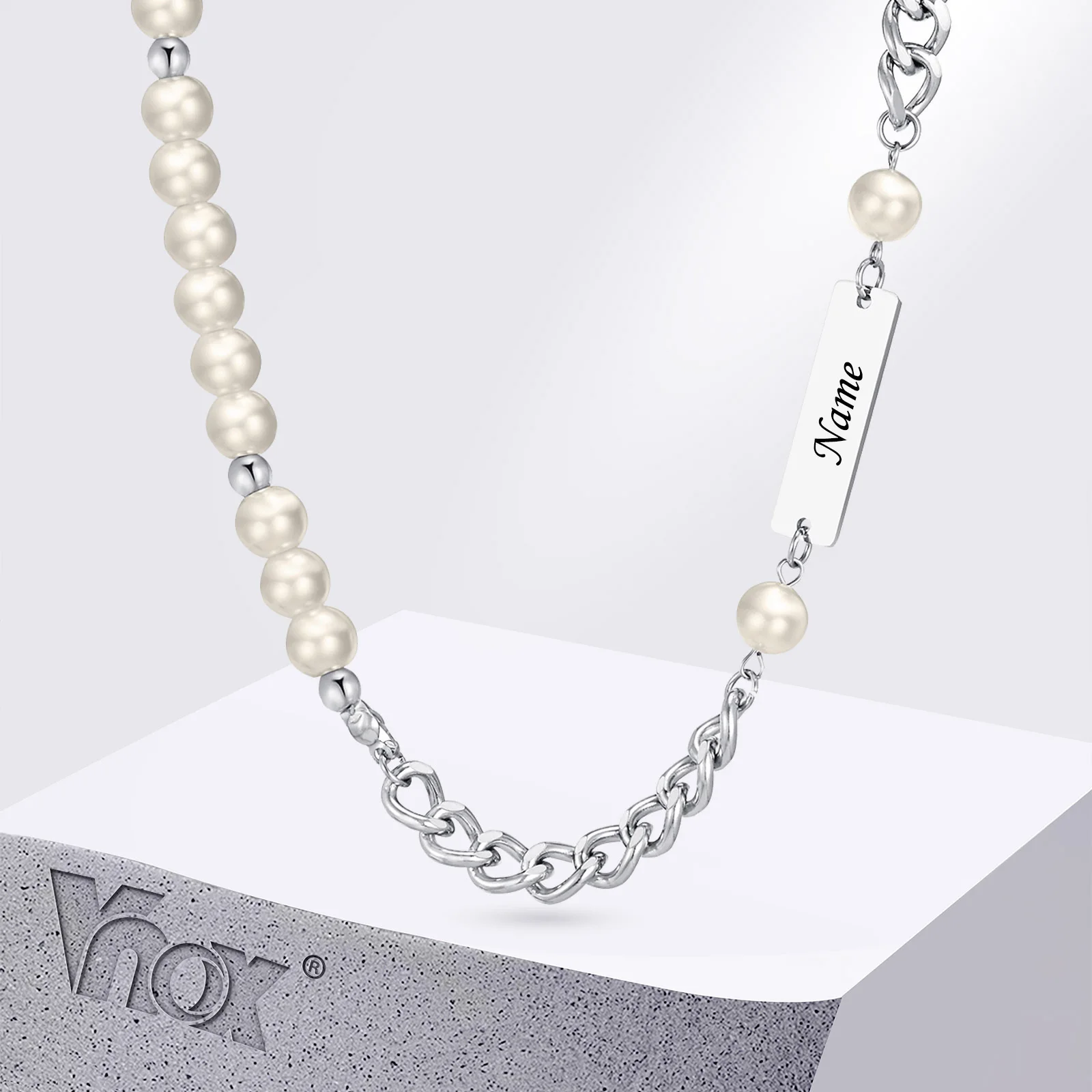 

Vnox Asymmetric Name Cuban Link Chain Necklace For Men Women, Imitation Pearl Beaded Collar, Stylish Stitching Neck Jewelry Gift