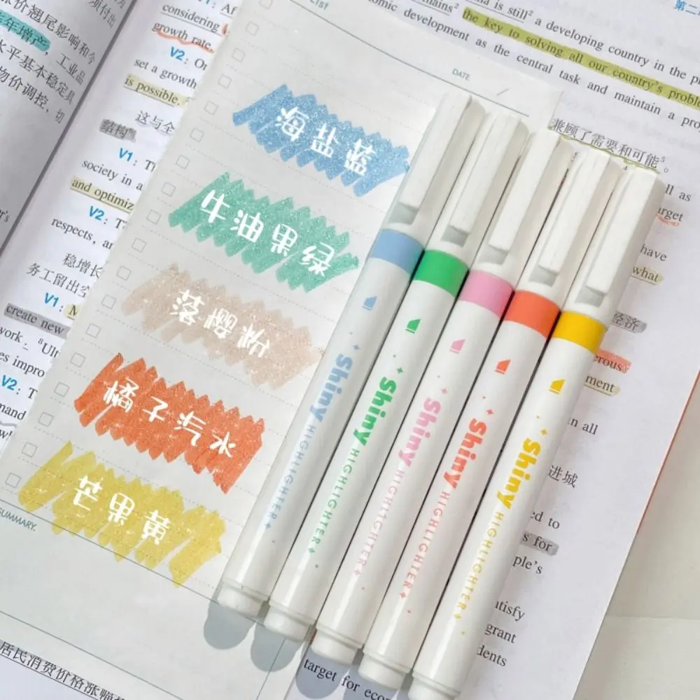 5PCS High Quality High Gloss Glitter Highlighters Plastic Colorful Shiny Fluorescent Pen Draw Doodle Pens Students Gift