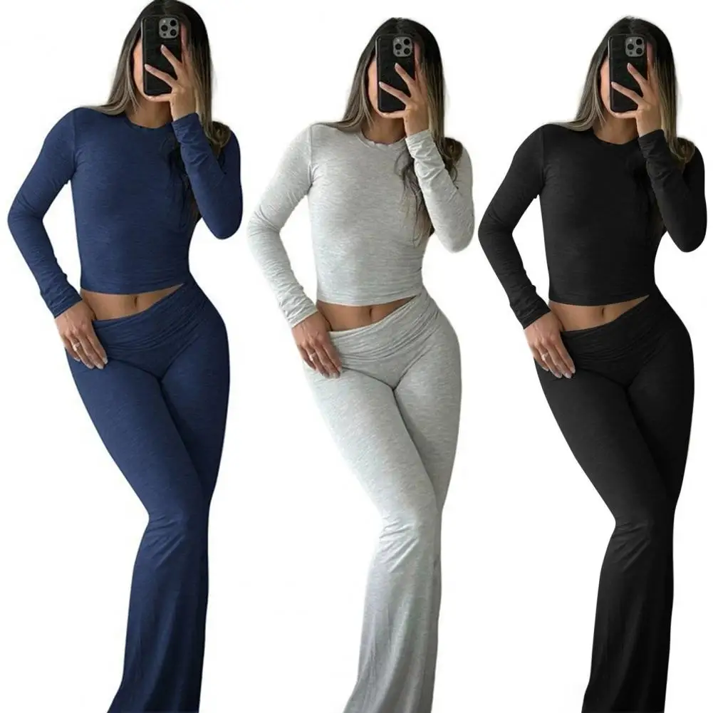 

Women's 2 Piece Outfits Long Sleeve Crew Neck Crop Top Ruched Low Waist Flared Pants Set Fall Casual Lounge Set